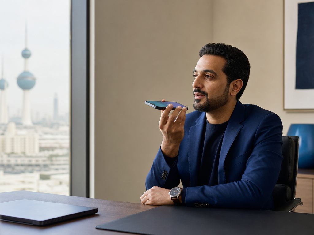 Kuwait business professional using an AI assistant on a smartphone, with Kuwait Towers visible through the office window