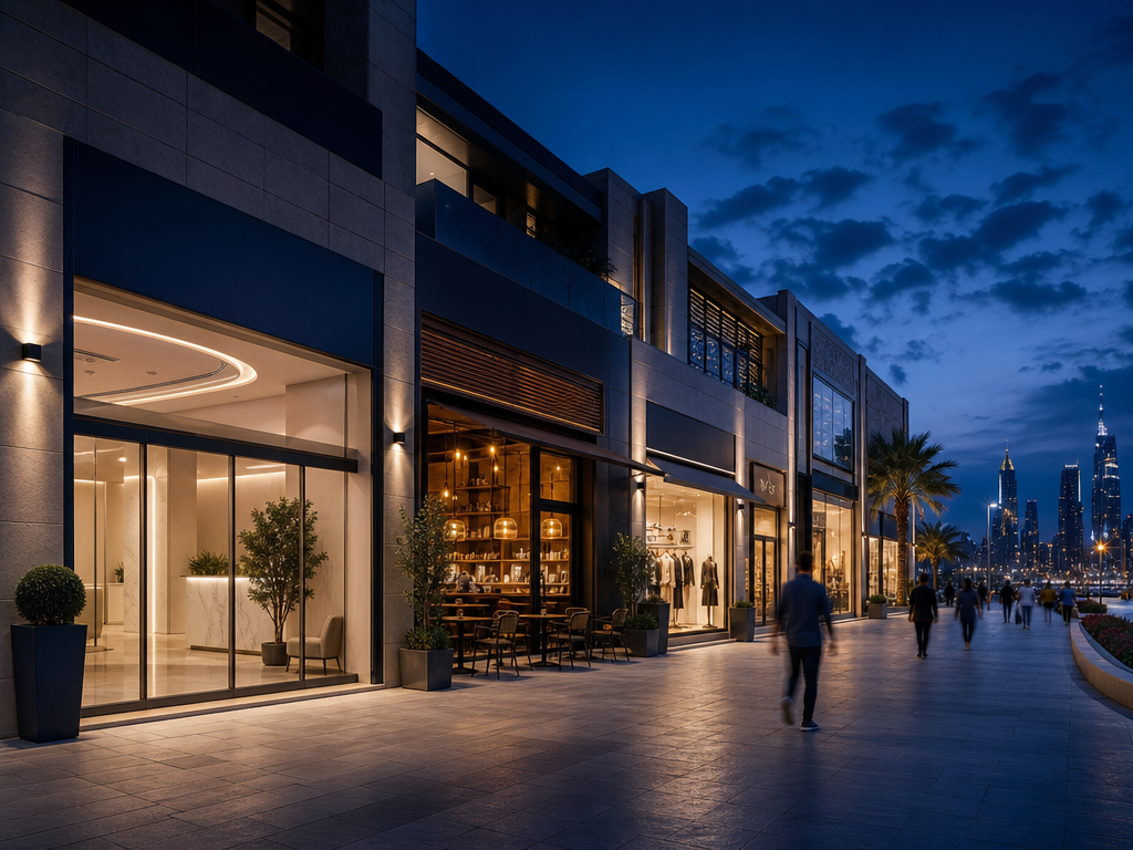 Modern Kuwait commercial street at dusk with clinic, café, retail and office storefronts