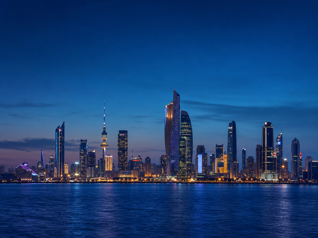 Kuwait City skyline at blue hour across the water