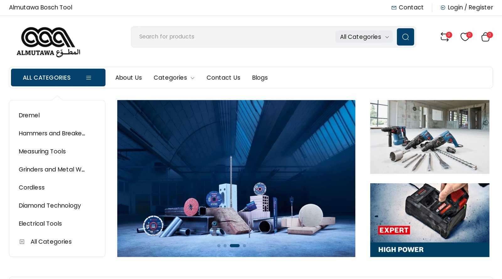 Almutawa Bosch Tools Kuwait ecommerce website homepage with power tool categories and product search