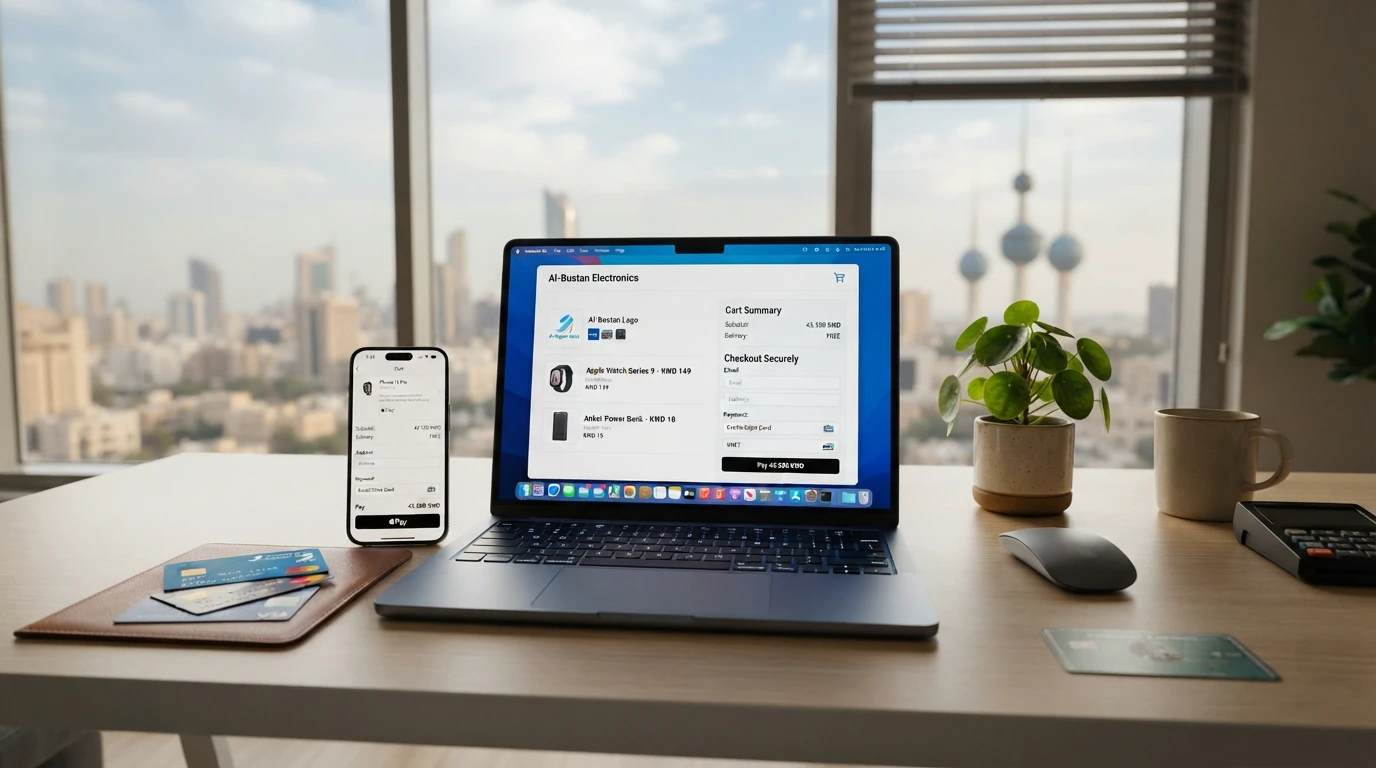 Ecommerce checkout shown on a laptop and smartphone overlooking Kuwait City