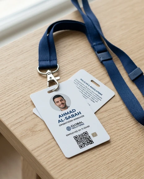 Custom PVC employee ID card printed by Chrisans Solutions Kuwait, attached to woven navy lanyard