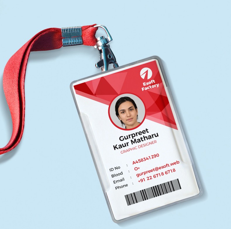 Sample red-themed employee ID card with woven lanyard — Chrisans Solutions PVC ID card sample